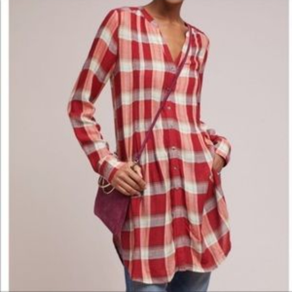 Anthropologie Akemi + Kin Lucie RedPlaid Long boho Tunic Top Blouse, Size XS
